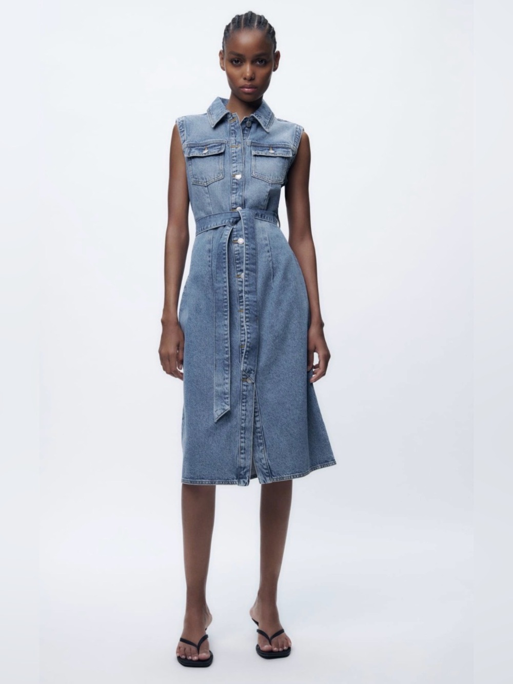 Zara Sleeveless Button Front Denim Midi Dress Size M